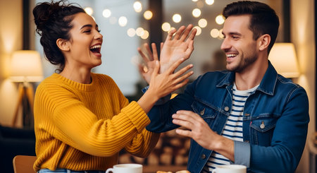 Cheerful young couple clapping hands and smiling while sitting in cafeの素材