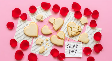 Valentine's day greeting card with heart shaped cookies and rose petalsの素材