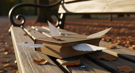 Books with wings on a bench in the park. 3d renderの素材