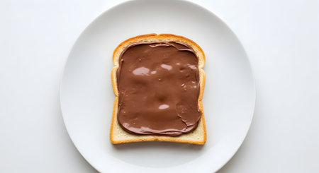 Bread with chocolate spread on white background. Top view, flat lay.の素材