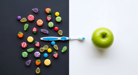 Colorful candies, apple and toothbrush on black and white backgroundの素材