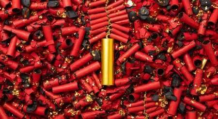 Red and gold confetti with a golden bullet as a background.の素材