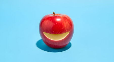 Red apple with smiley face on blue background. Minimal food concept.の素材