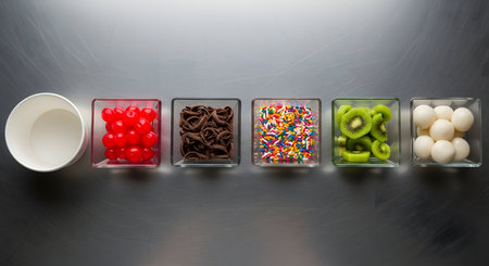 Candy in plastic cups on a metal background. 3d renderingの素材