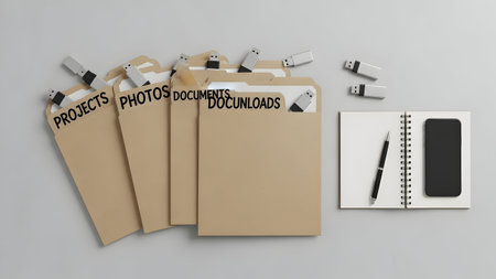 Top view of a personal organizer and office supplies on a gray background. Business conceptual 3D renderingの素材