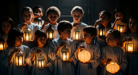 group of children holding lanterns in church during eid mubarakの素材