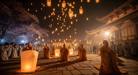 Buddhist monks lighting lanterns during the Loy Krathong festival in Chiang Mai, Thailandの素材