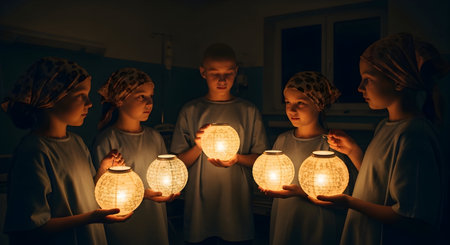 Group of children with light bulbs in their hands. A group of children in the dark.の素材