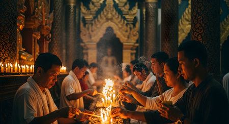Unidentified people lighting candles in Wat Phra Kaew in Bangkok, Thailandの素材