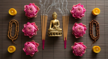 Buddha statue with incense sticks and pink lotus flowersの素材