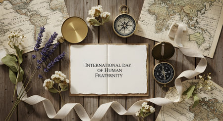 Travel planning concept. Vintage map, compass, notebook and flowers on wooden backgroundの素材