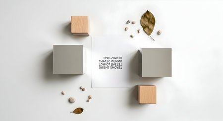 Mockup of square wooden boxes with autumn leaves on white backgroundの素材