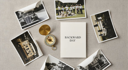 Wedding photo album, compass and postcards on the tableの素材
