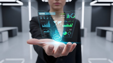 Businesswoman on blurred background using digital tablet with charts and graphs 3D renderingの素材