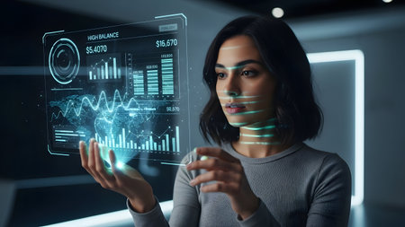 Young businesswoman working with futuristic virtual panel on dark office interior backgroundの素材