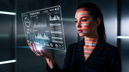 Businesswoman working with virtual panel and graphs in her hands 3D renderingの素材