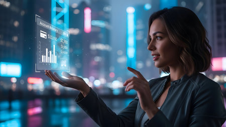 Young businesswoman using virtual screen with financial graph on blurred city backgroundの素材