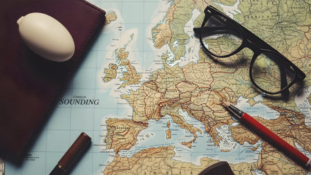 Travel plan with notebook, pen and eyeglasses on world mapの素材