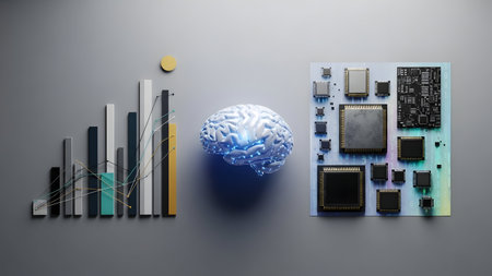 3d rendering of brain and circuit board in front of gray backgroundの素材