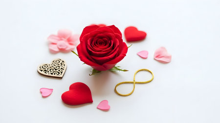 Valentine's Day background with red rose, hearts and decorationsの素材