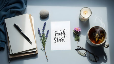 Top view of a desk with a cup of tea, notepad, pen, glasses, flowers and candles on a white backgroundの素材