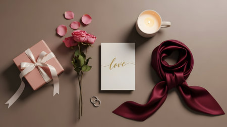 Valentine's Day background with roses, gift box, candles and wedding ringsの素材