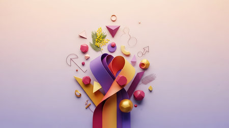 Valentine's day background. Colorful paper cut hearts and flowers on pink background. 3d renderの素材
