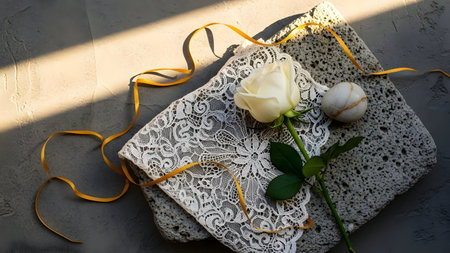 Gift box with white rose and yellow ribbons on the tableの素材
