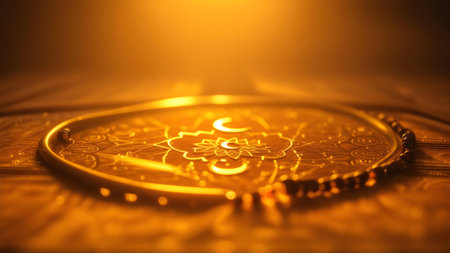 Golden coin on wooden background. Shallow depth of field. Selective focus.の素材