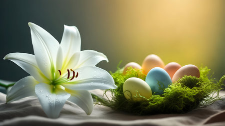 Easter eggs and lily flower on green grass background with sunlightの素材