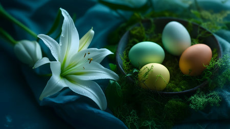 Easter eggs in a bowl with lily flower on green backgroundの素材