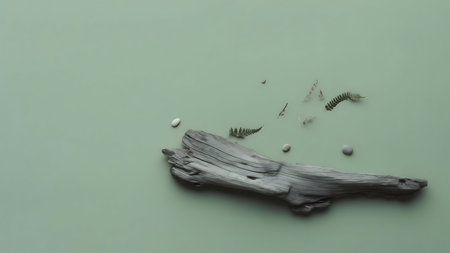 Wooden driftwood and seashells on a green background.の素材
