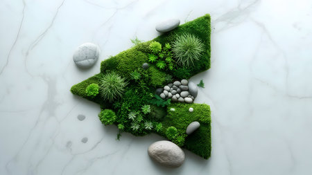 3d illustration of a house made of moss and stones on a marble backgroundの素材
