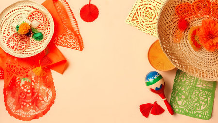 Top view of hat and accessories for party on white background with copy spaceの素材