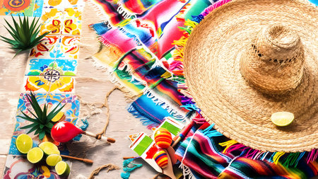 Mexican sombrero hat and colorful poncho on wooden backgroundの素材