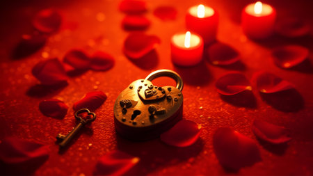 Heart-shaped padlock on red background with rose petals and candlesの素材