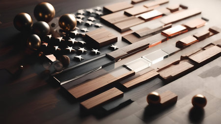 Wooden blocks with american flag on table, 3d renderingの素材