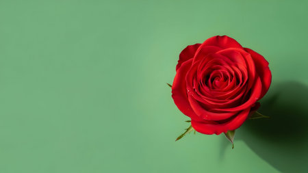 Red rose on green background with copy space. Valentines day conceptの素材