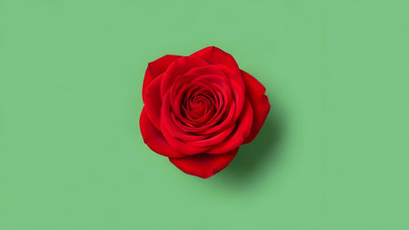 Red rose on green background. Flat lay, top view, copy spaceの素材