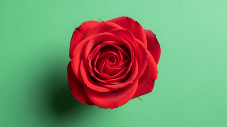 Red rose on green background. Flat lay, top view, copy spaceの素材