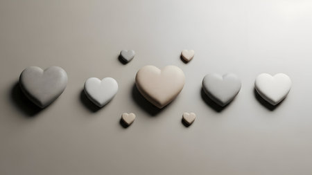 3d rendering of white and grey hearts on a gray background.の素材