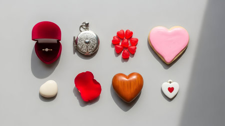 Valentine's day concept. Heart shaped cookies and gift box on white backgroundの素材