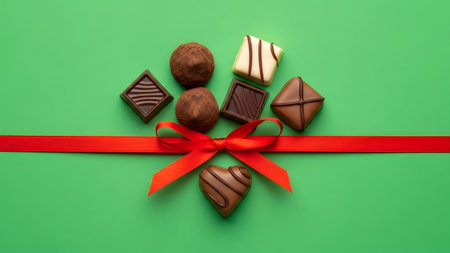 Chocolate candies with red ribbon on green background, top viewの素材