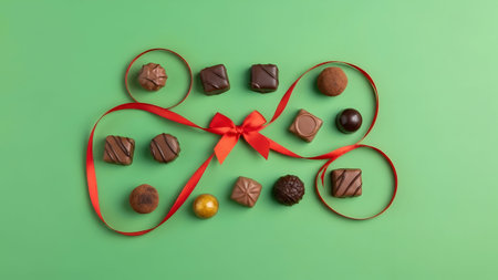 Top view of assorted chocolate candies with red ribbon on green backgroundの素材