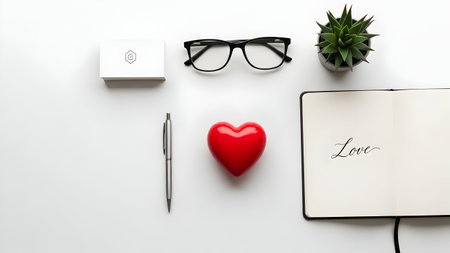 top view of red heart, glasses, notebook and pen on white backgroundの素材