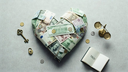 Money in the form of a heart with key and coins on a gray backgroundの素材
