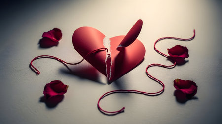 Red heart and red rose petals on white background. Valentines day concept.の素材