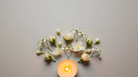 White flowers and a burning candle on a gray background. Top viewの素材