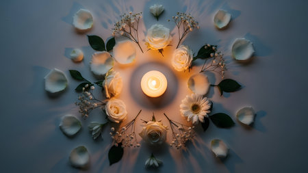 Candle in the form of a circle surrounded by white roses and gypsophilaの素材
