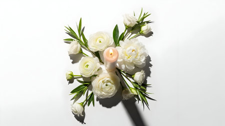 Beautiful bouquet of white flowers with a candle on a white backgroundの素材